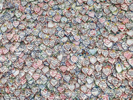 MOSCOW, RUSSIA - JULY, 10, 2018: FIFA Fan Fest Moscow, stickers wall about feelings, love, sport, forecasts. World Cup FIFA 2018, Fan Festのeditorial素材