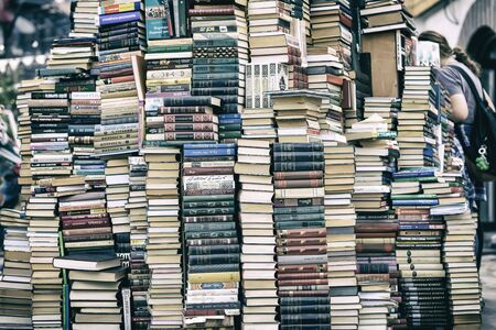 MOSCOW, RUSSIA - SEPTEMBER 22, 2018: Pile of old books in flea market, cultural complex Kremlin in...
