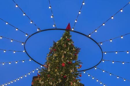 Christmas tree on the street in the lights and garlands against the skyの写真素材