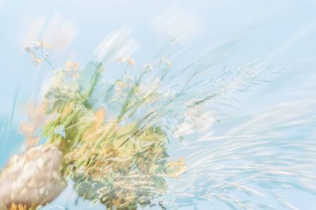 Blurred background, double exposure, colorful wild meadow flowers in hand on the background of blue sky. Concept of summerの写真素材