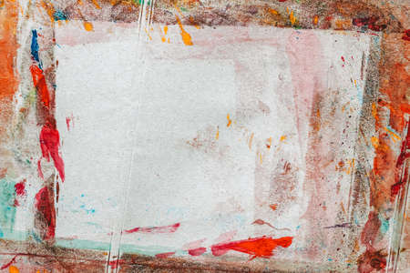 Abstract brush strokes. Close-up fragment of hand painted watercolor and acrylic multicolor painting on paper, vivid shades, grunge design, background, copy spaceの写真素材