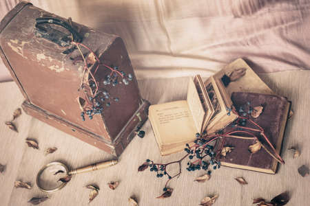 Warm still life with old books, wooden trunk, dried leaves. Evening light and shadowの写真素材