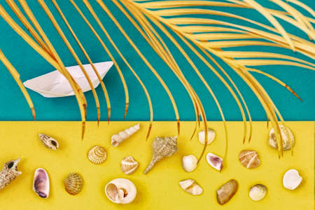 Bright applique with paper boat, various seashells and palm. Tropical vacation concept, exotic...