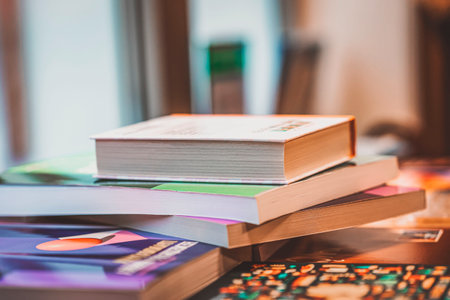 Stack of books on table close up. Back to school and education conceptの写真素材