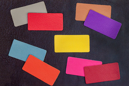 Abstract background of colorful multicolored genuine leather samples on dark leather, flat layの写真素材