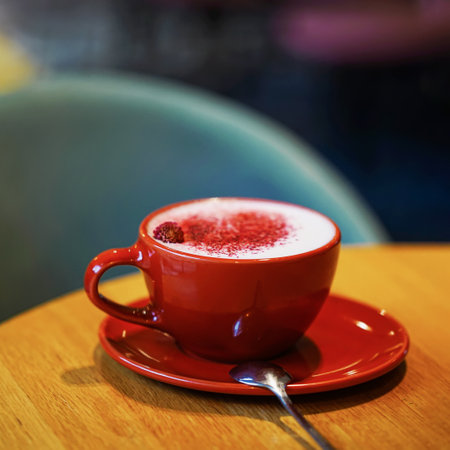 Red cup on table bar. Coffee time, square background. Selective focus. Coffee culture, professional coffee making, service, cateringの写真素材