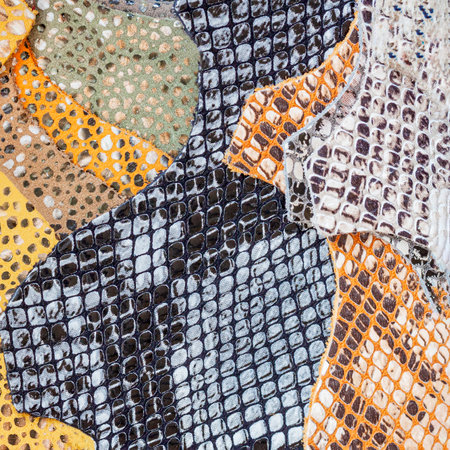 Set of variety of leather samples of different colors, manufacturing of fashion accessories concept