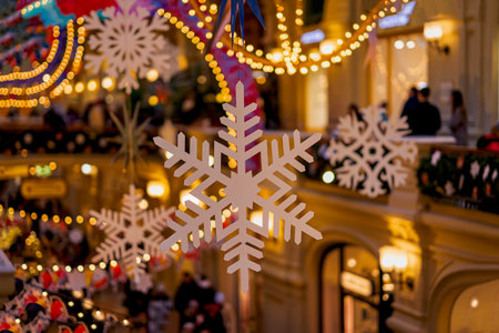 Christmas illumination and decoration with Snowflakes, golden lights bokeh, city shopping mallの写真素材
