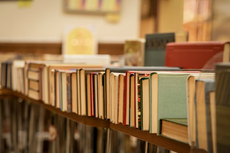 Row of old books on tables in book store, library. Education, hobby, reading f concept