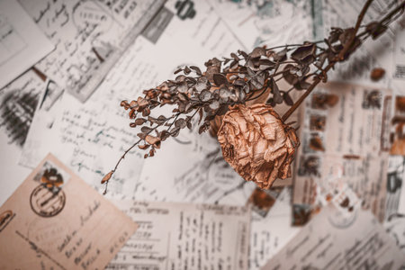 Single dried rose and leaves placed on vintage letters and postcards, nostalgia and the passage of time through handwritten memoriesの写真素材