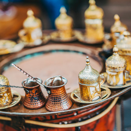 Traditional Turkish coffee set with ornate golden cups and copper potsの写真素材