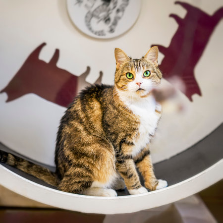 Curious tabby cat sits inside a circular play structureの写真素材