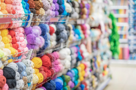 Blurred abstract background of store with assortment of knitting yarn. Skeins of yarn in store....