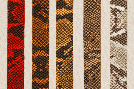 Display of colorful snake skin patterns arranged in stripes on textured background