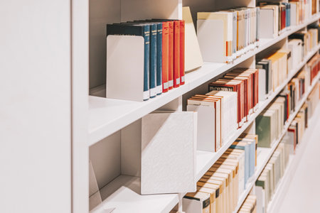 Colorful book spines on shelves in library with warm lighting. Concept of knowledge, cultural enrichmentの写真素材