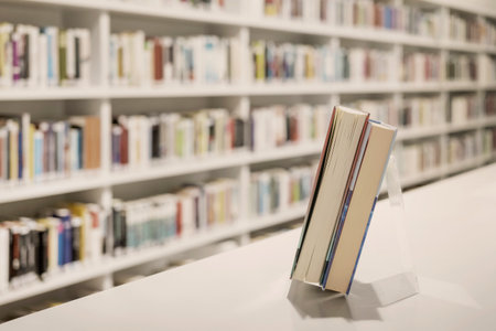 Open books rest on stand in bright library, background of blurred shelves filled with various books, reading atmosphereの写真素材