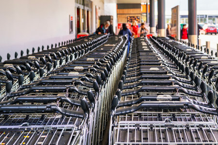 Many shopping carts stacked in rows outside supermarket entrance, ready for customer use. Shopping cards reflect consumerism, retail organization, urban shopping cultureの写真素材