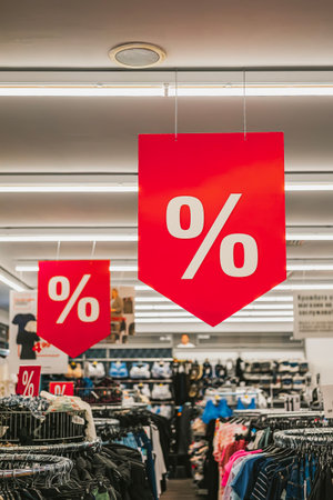 Bright red sale signs hanging in clothing store. Retail clothing store interior with off sale signs. Special discount price offer, seasonal promo, marketing conceptの写真素材
