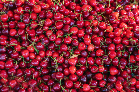 Ripe sweet cherries as background, top view. Fresh ripe cherries with stems, bright natural light....