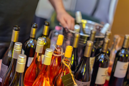 Closeup of assorted wine bottles with man sommelier in background arranging drinks on event table....