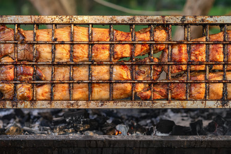 Juicy grilled meat sizzling on rotating hot barbecue grill with visible char marks and golden crust....