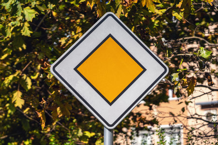 Priority road sign with yellow diamond symbol standing against background of autumn leaves. Concept of traffic rules, navigation clarity, driving safetyの写真素材