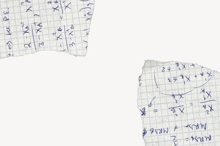 Ripped squared paper pieces with handwritten math formulas and faded ink, vintage student sheet isolated for design. Concept of torn knowledge, scrap learningの写真素材