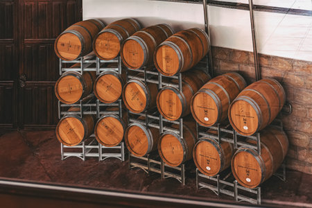 VENETS, BULGARIA - OCTOBER 08, 2024: Wine wooden barrels on metal racks for long-term wine aging...