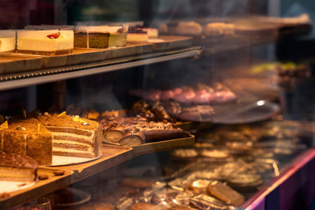 Bakery display case with cake slices, pastry and chocolate dessert arranged on shelves behind glass....