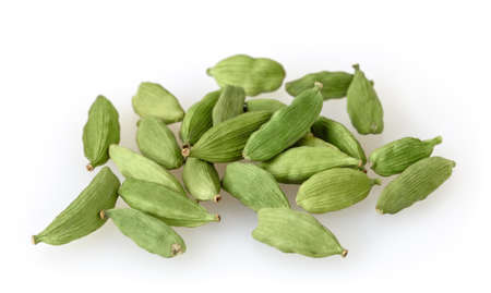 Green cardamom pods isolated on white backgroundの写真素材