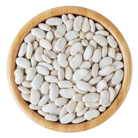 White beans in wooden bowl isolated on white background with clipping path