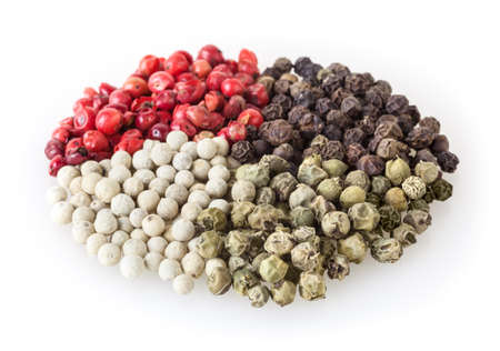 Mixed of diffrent kind peppercorns isolated on white backgroundの写真素材