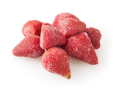 Heap of frozen strawberries isolated on white backgroundの写真素材
