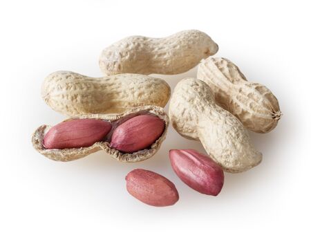 Raw peanuts isolated on white backgroundの写真素材