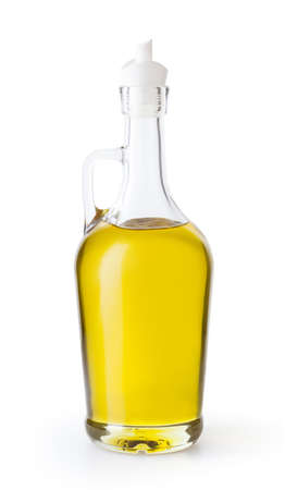Olive oil in glass bottle isolated on white backgoundの写真素材