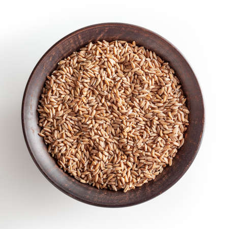 Grains of spelt in ceramic bowl isolated on white background