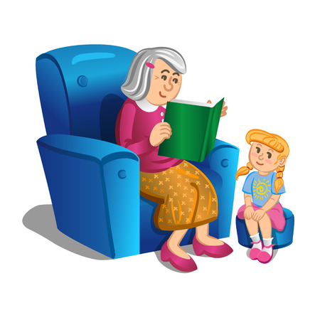 Grandmother reads a book to the girl. Vector illustrationのイラスト素材
