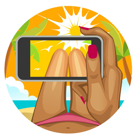 The girl in the swimsuit, slender female legs on the beach backgroundのイラスト素材