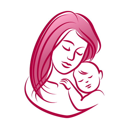 Mother with her baby, outline vector silhouetteのイラスト素材
