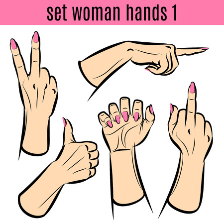 Set of woman hands in various gestures. Vector illustrationsのイラスト素材