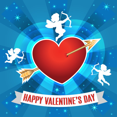Heart with arrow and silhouette of a cupids for Valentines dayのイラスト素材