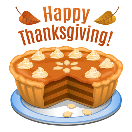 Happy Thanksgiving card, poster, background with pumpkin pie and orange pumpkin. Vector illustrationのイラスト素材