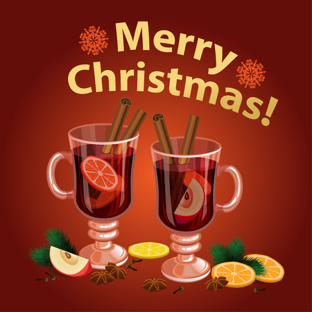 Christmas mulled wine with spices, orange slice, anise and cinnamon sticks, traditional christmas drink. Vector illustrationのイラスト素材