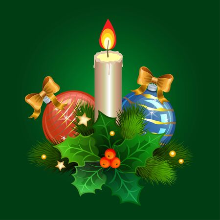 Christmas candle with fir branches, Christmas balls and holly berries. Vector illustrationのイラスト素材
