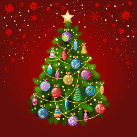 Christmas tree with colorful ornaments, vector illustrationのイラスト素材