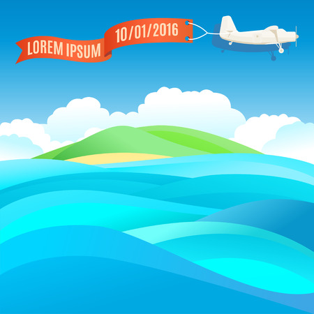 Flying vintage plane with banner and ocean, sea landscape. Vector illustration, template for textのイラスト素材