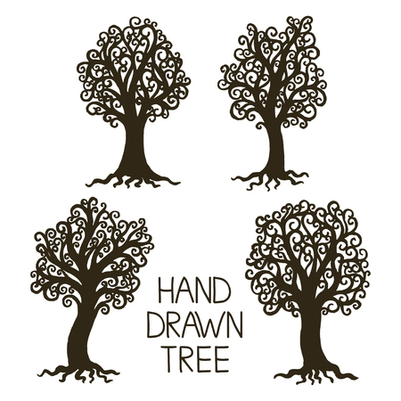 Set of stylized hand draw vintage old tree with crooked branches on white background. Abstract vector illustrationのイラスト素材