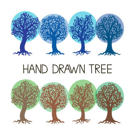 Set of stylized hand draw vintage old tree with crooked branches on white background. Abstract vector illustrationのイラスト素材
