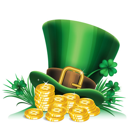 St. Patrick's Day green leprechaun hat with clover and gold coins, St.Patrick's Day symbol. St.Patrick's Day background. Vector illustrationのイラスト素材