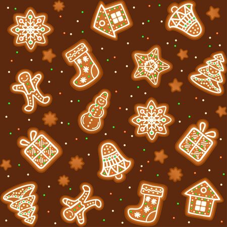 Seamless pattern with Gingerbread Christmas cookies decorated icing. Holiday cookie in shape of Christmas Xmas tree, star, bell, sock, gingerbread men, snowflake, snowman and gift. Vector illustrationのイラスト素材